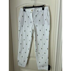 Talbots Size 10 Girfriend Chino Pineapple Embriodered Pants White Stretch Casual